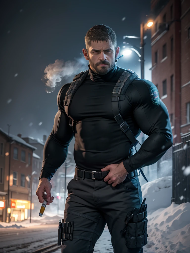 Dark gothic village in the background, old Chris Redfield from Resident Evil 8, 48 year old, muscular male, tall and hunk, biceps, abs, chest, muscle,  all black cold turtleneck shirt, long sleeves, black trousers, shoulder holster, earpiece, belt, thick beard, cold face, cigarette in mouth, smoke, video games style, high resolution:1.2, best quality, masterpiece, dark nightime, dark atmosphere, winter, snowing, shadow, upper body shot