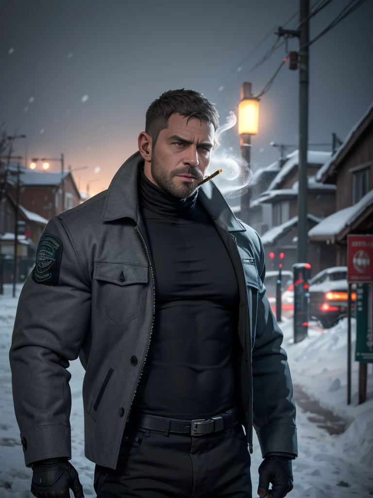 Dark gothic village in the background, old Chris Redfield from Resident Evil 8, 48 year old, muscular male, tall and hunk, biceps, abs, chest, muscle,  all black cold turtleneck shirt, long sleeves, black trousers, shoulder holster, earpiece, belt, thick beard, cold face, cigarette in mouth, smoke, video games style, high resolution:1.2, best quality, masterpiece, dark nightime, dark atmosphere, winter, snowing, shadow, upper body shot