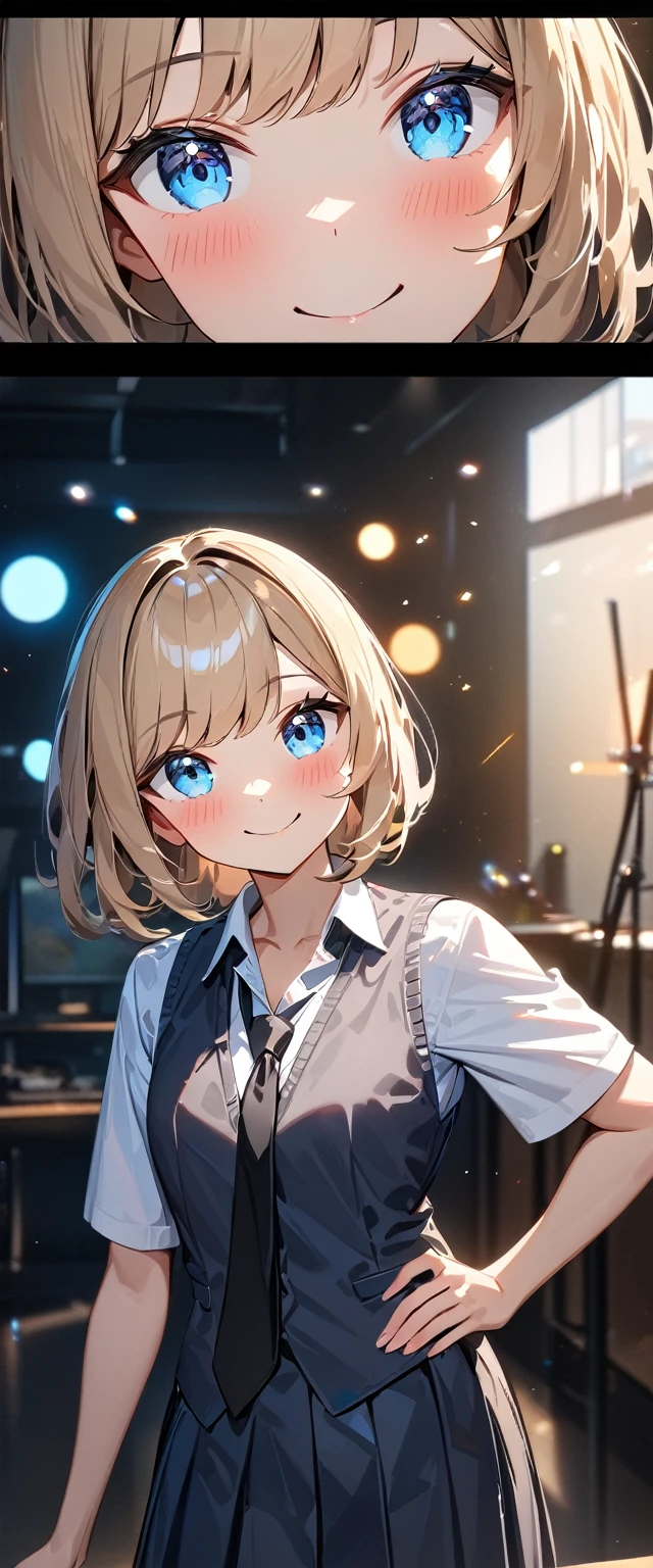 (((One girl))), blond hair, bob cut, (cowboy shot), (looking at viewer), (open collar:1.3), ((black tie under the waistcoat)), face in focus, ager, head tilt:1.3, (((blue eye))), ((happy smile)), ((blush)), contrapposto, one hand on hip, school summer uniform, white shirts, skirt, black waistcoat, anime style, (best quality, 4k, 8k, highres, masterpiece:1.2, ultra-detailed, ultra-detailed eyes, HDR, UHD, studio lighting, ultra-fine painting, sharp focus, physically-based rendering, extreme detail description, professional, vivid colors, bokeh)