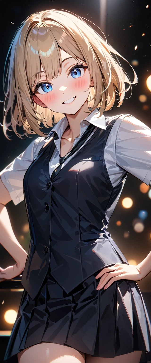 (((One girl))), blond hair, bob cut, (cowboy shot), (looking at viewer), (open collar:1.3), ((black tie under the waistcoat)), face in focus, teenager, head tilt:1.3, (((blue eye))), ((happy smile)), ((blush)), contrapposto, one hand on hip, school summer uniform, white shirts, skirt, black waistcoat, anime style, (best quality, 4k, 8k, highres, masterpiece:1.2, ultra-detailed, ultra-detailed eyes, HDR, UHD, studio lighting, ultra-fine painting, sharp focus, physically-based rendering, extreme detail description, professional, vivid colors, bokeh)