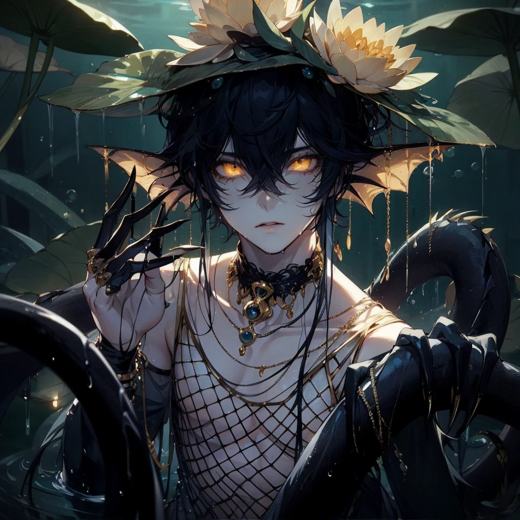 Anime, semi realistic, Male, fins for ears, golden jewelry hanging from ears, fishnet like drapery see through fabric, wet messy dark blue hair, golden slightly glowing eyes, water lily on lily pad on head, Unnaturally narrow waist, water lily in hair, big plump full lips, sickly pale, hollow cheeks, sunken eyes, very skinny, feet jewelry, black fingers long black nails, siren eyes, large black spine protruding from back, lankey limbs, long limbs, contorted body, full body