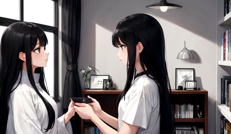 Black Hair、woman、Straight Hair、Bookshelf、White top、Grey Skirt、profile、black eye
