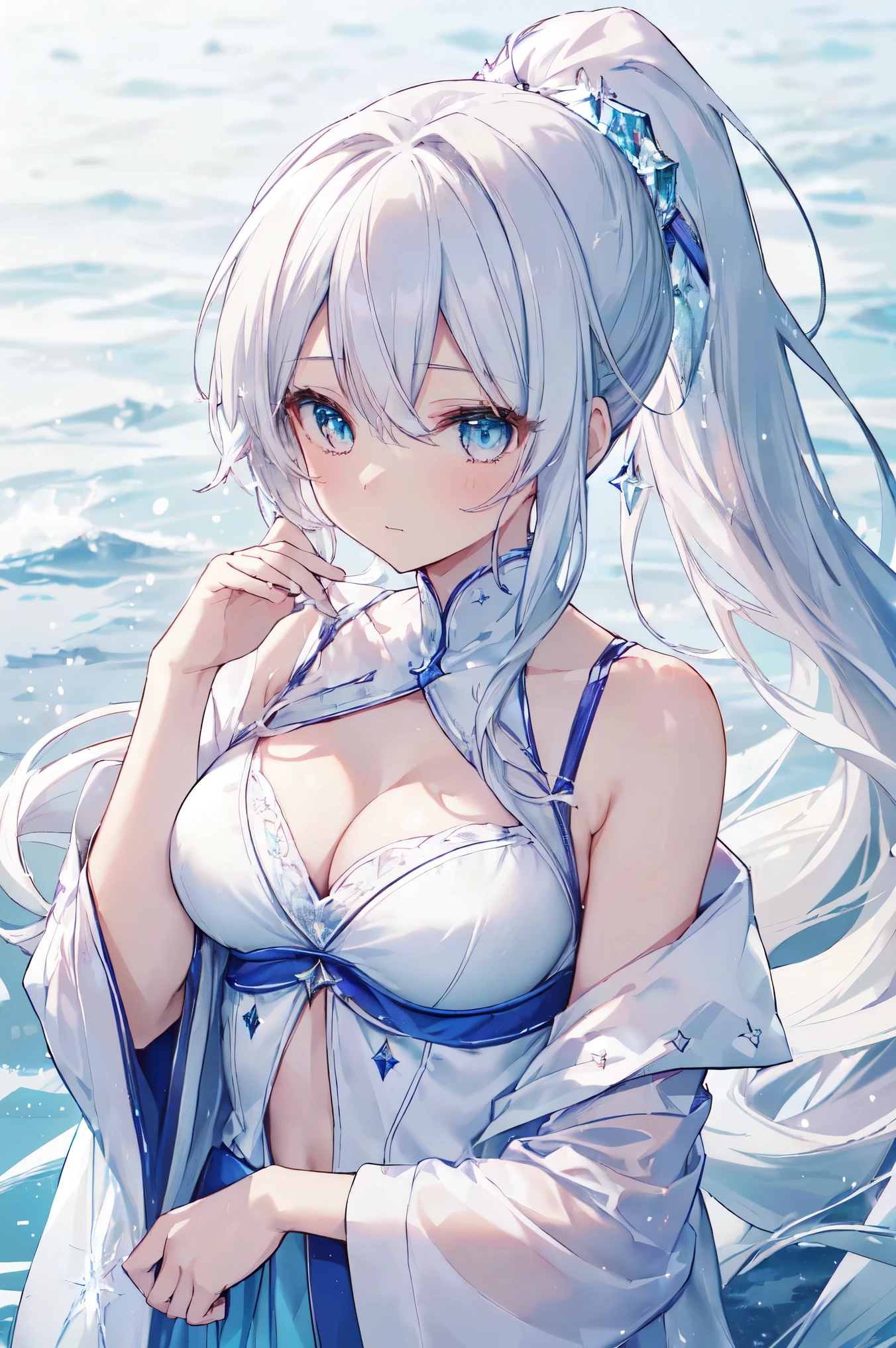 Silver anime girl，Light clear blue lake water，sex