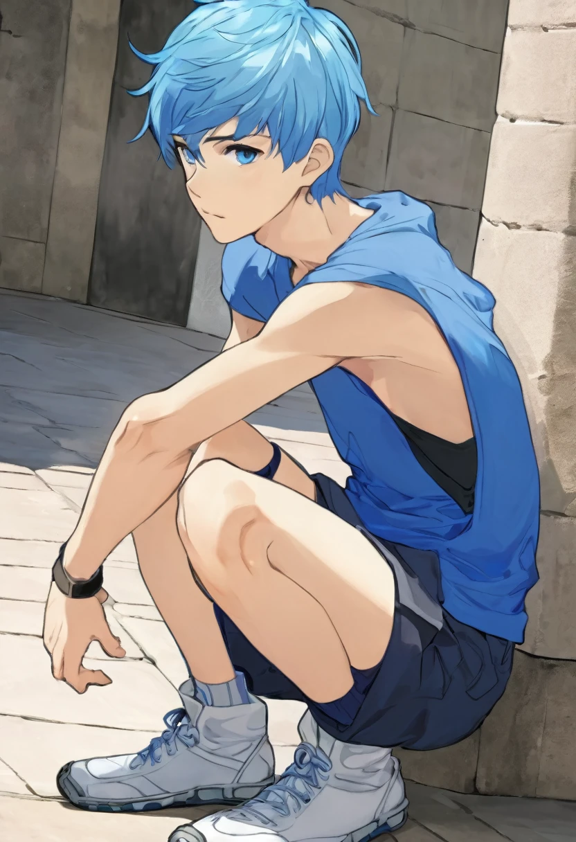 Anime boy sitting on the ground with his legs crossed, 1 boy, Khun Ran (Tower of God : New World), blue hair, blue eyes, short pants, bulge