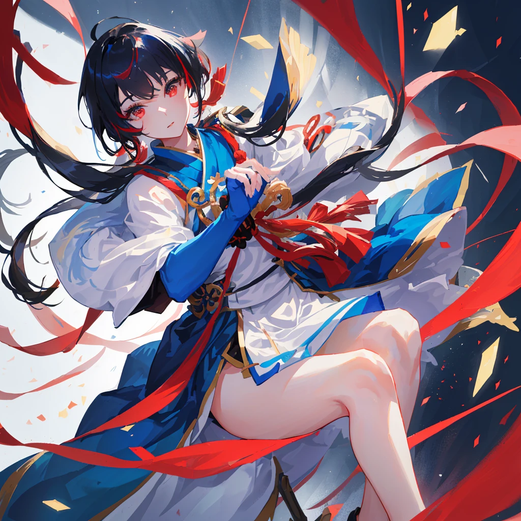Anime girl with long black hair and a blue dress holding a sword, 绫香Genshin Impact冲击, Keqing from genshin impact, official art works, author：Yang J, Onmyoji detailed art, high detailed official art works, 《Genshin Impact》Zhongli, Kushat Krenz Key Women in Art, Onmyoji, guweiz on pixiv artstation,((Pure white background))