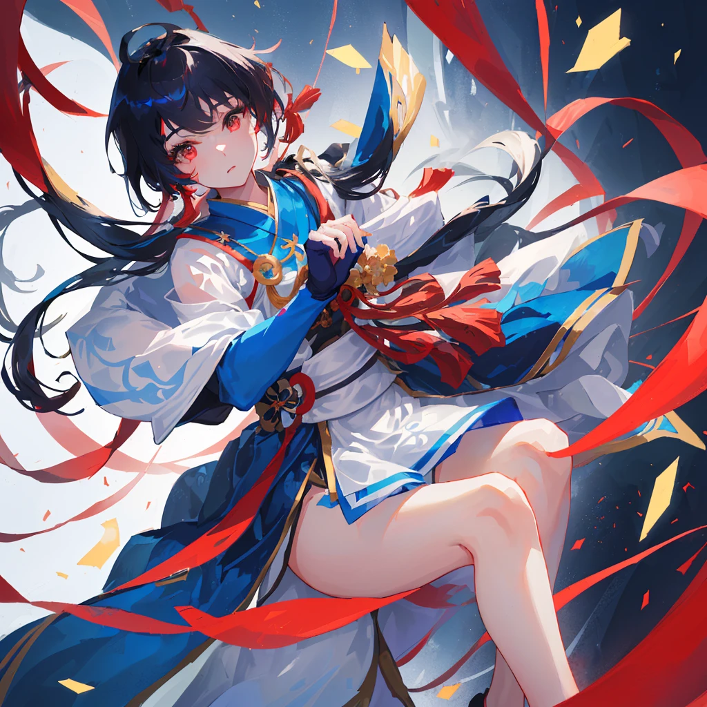 Anime girl with long black hair and a blue dress holding a sword, 绫香Genshin Impact冲击, Keqing from genshin impact, official art works, author:Yang J, Onmyoji detailed art, high detailed official art works, 《Genshin Impact》Zhongli, Kushat Krenz Key Women in Art, Onmyoji, guweiz on pixiv artstation,((Pure white background))