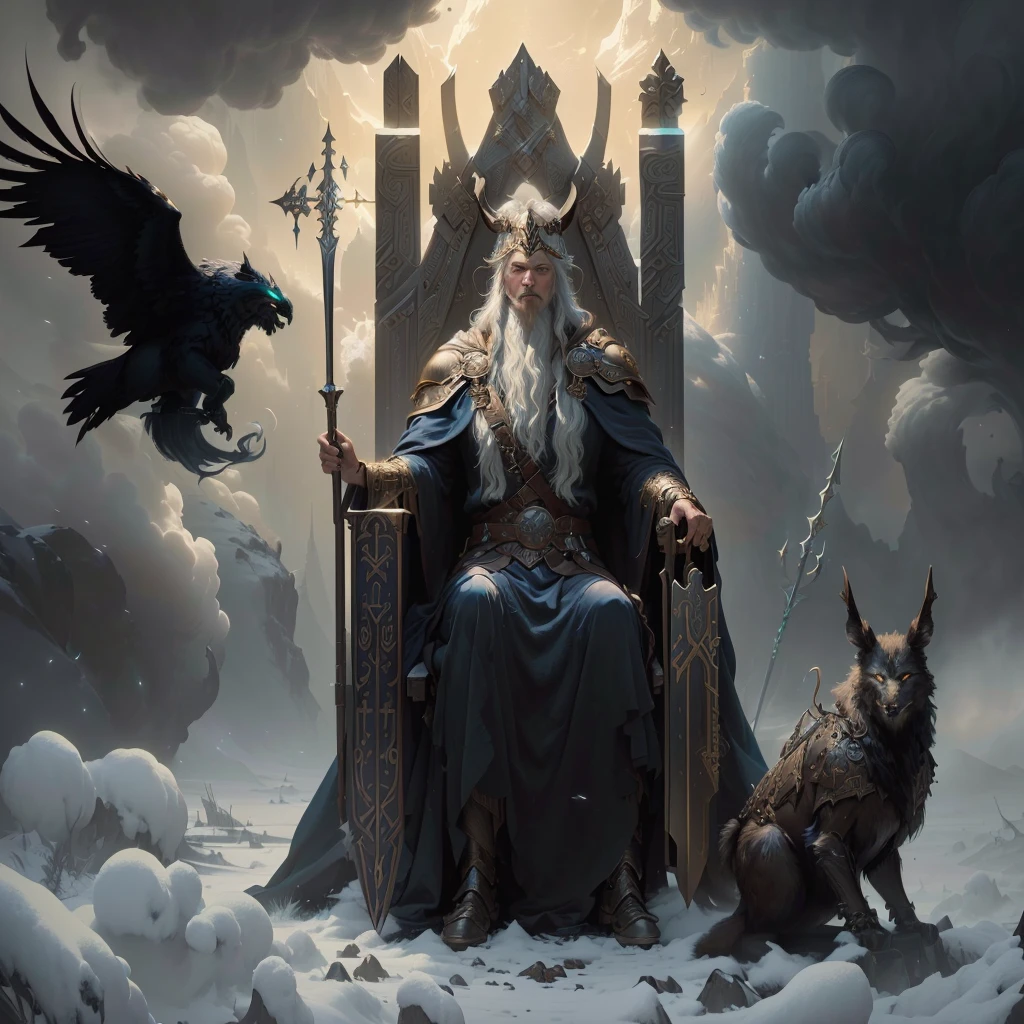 masterpiece, best quality, (extremely detailed CG unity 8k wallpaper), (best quality), (best illustration), (best shadow), absurdres, realistic lighting, beautiful detailed glow, art by PeterMohrBacher, ldman, fantasy, odin, norse mythology, armor, robe, spear))