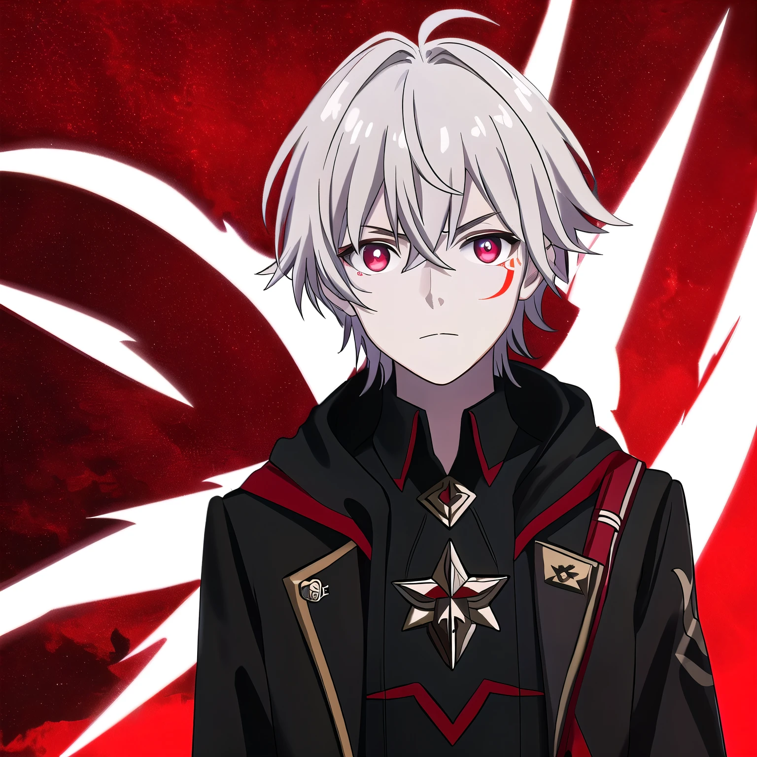 (high-quality, breathtaking),(expressive eyes, perfect face) portrait, Symmetrical Eyes, 1boy, male, teenager, solo, looking at viewer, portrait, red background, soft eerie dark red lighting background, allen walker, red eye color, white hair, scar, facial mark, halfbody shot, short hair length, neutral expression, charming, black purple jacket, hood, red trim
