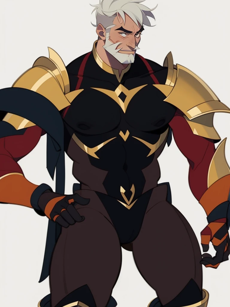 Male, muscular, White short hair, short beard, black scale armor