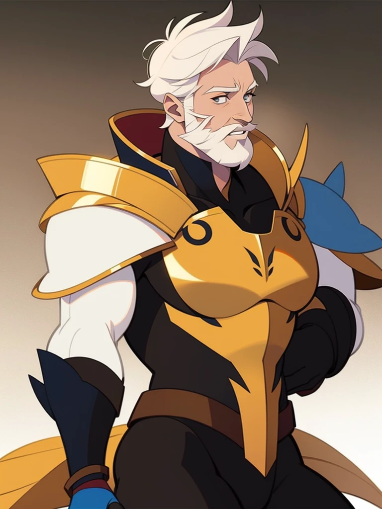 Male, muscular, White short hair, short beard, black scale armor