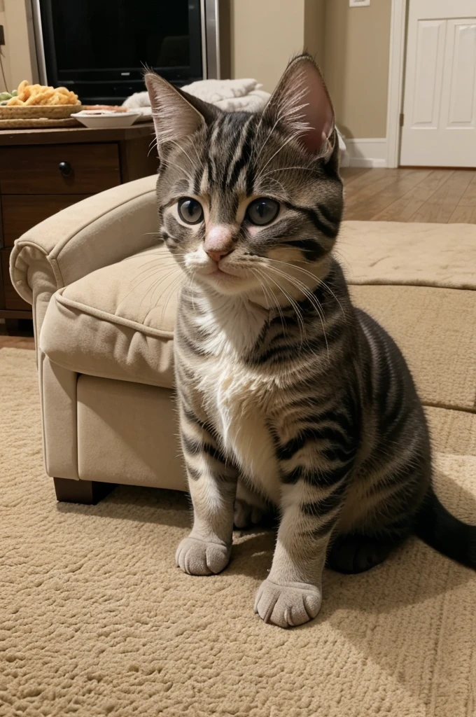 cozy suburban home.Description: Introduce Chunky Charlie as a kitten, the chubbiest of the litter, always getting into mischief.Plot Point: Charlie’s love for food starts early, always being the first to the food bowl.