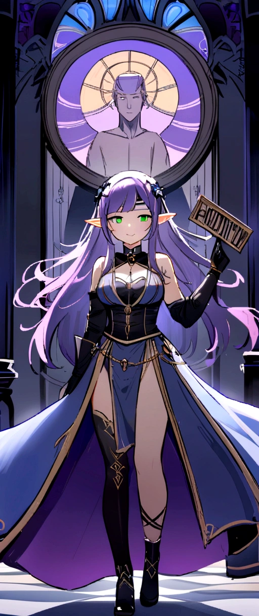 (work of art, best qualityer), details Intricate,
1 girl, standing alone,1 girl, cosplayer, pointy ears, Purple hair with black, long hair, side locks, headband, greeneyes, medium breasts, layer, black gloves,
barbie mug, holding sign, presumptuous, pretentious smile,