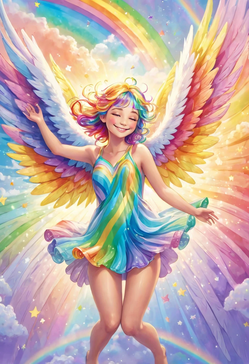 Angel with rainbow colored wings in pastel colors hugging earth, smiling, happiness, smiles, love, Perfect lighting, surrounded by light