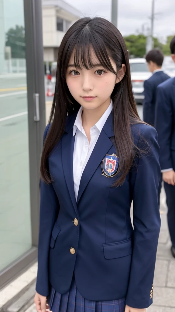 Japanese、18-year-old high school girl、Navy blue blazer uniform、Same as Tachikawa Private Girls' School、Check mini skirt、Crouching