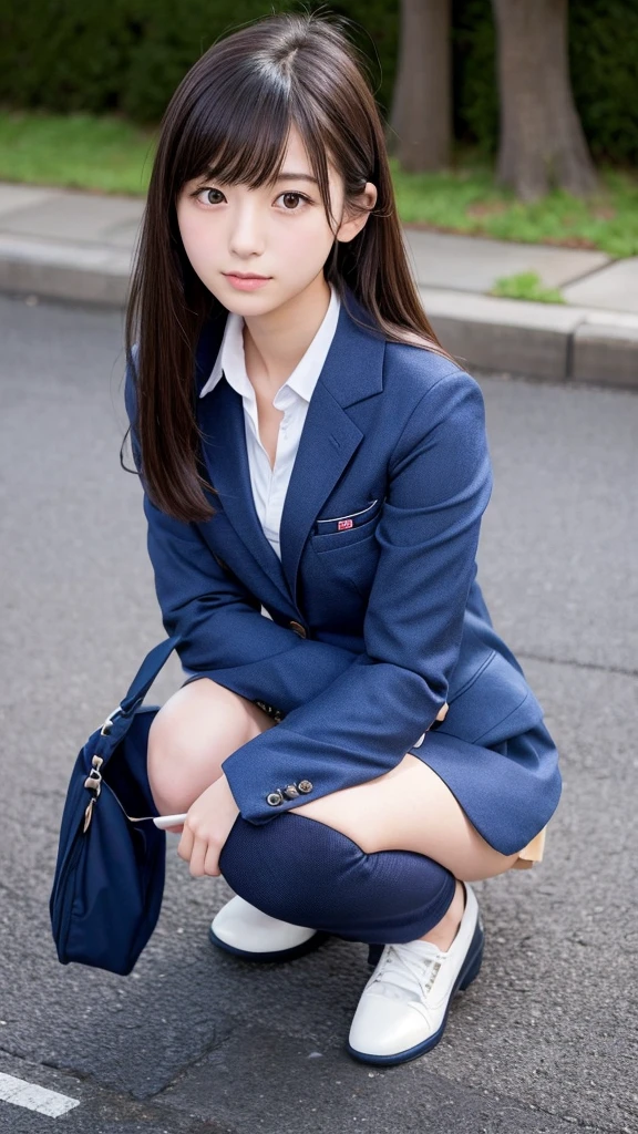 Japanese、18-year-old high school girl、Navy blue blazer uniform、Same as Tachikawa Private Girls' School、Check mini skirt、Crouching