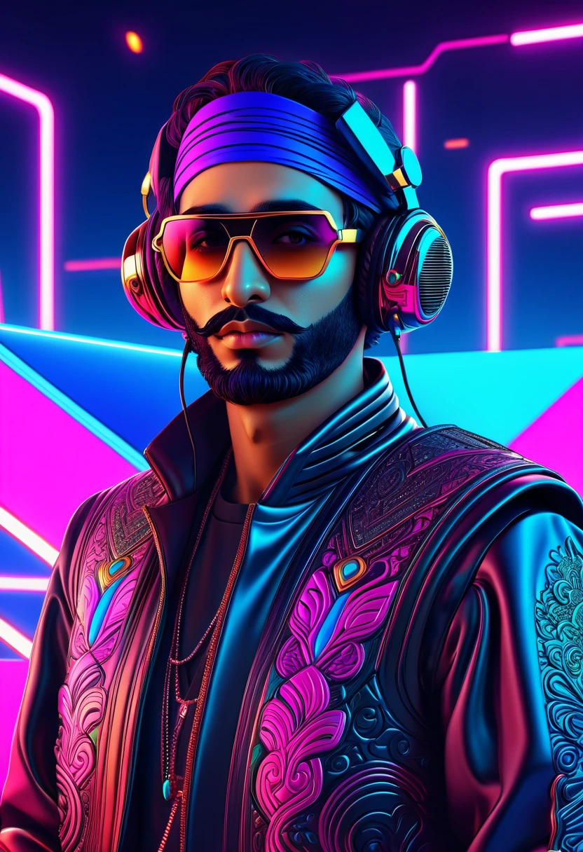 A high quality professional illustration of Calimero in a futuristic retrowave style with intricate Qajar art details, created in 8k resolution, highly detailed, and trending on ArtStation.