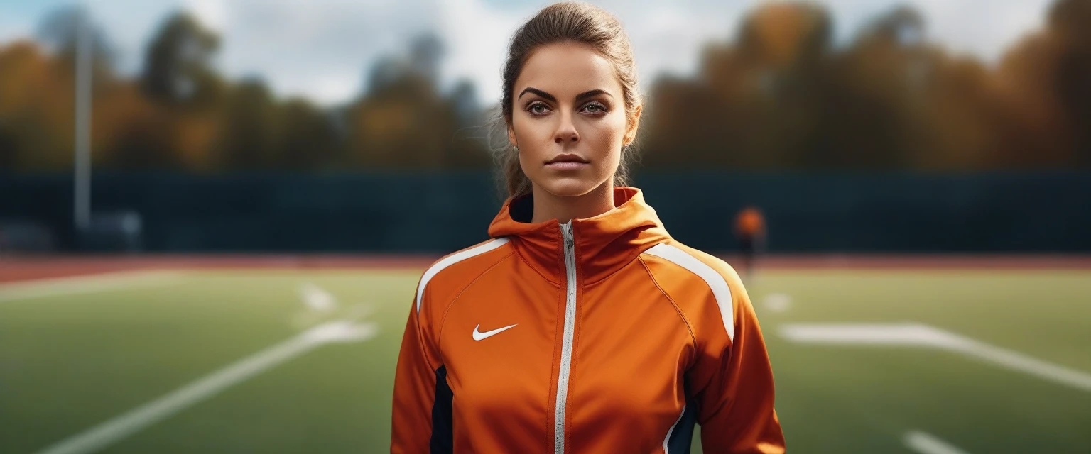 Masterpiece, Best Quality, wallpaper,beautiful mature college student, in track suit, outside on the athletic field, ((Delgado, small)), Photorealist, Photo, Masterpiece, realist, realism, Photorealism, High contrast, Photorealist digital art trending on Artstation 8k HD high definition detailed realist, detailed, skin texture, hyper detailed, realist skin texture, armor, Best Quality, ultra high resolution, (Photorealist:1.4),, high resolution, detailed, raw Photo, sharp fire, by lee jeffries nikon d850 film stock Photograph 4 kodak portra 400 camera f1.6 lens rich colors hyper realist lifelike texture dramatic lighting unrealengine trending on artstation cinestill 800,