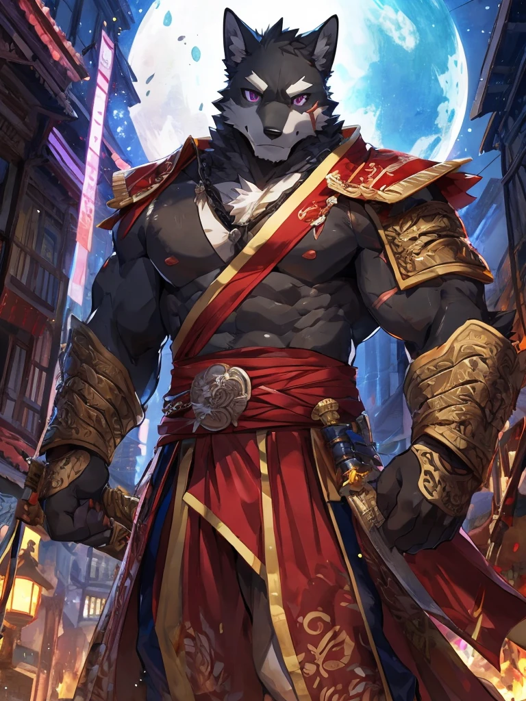 embedding:Black wolf,male, Purple eyes,Scar on the face, Single Person,black fur.Broken eyebrow,tramp Samurai,Samurai suit,Ancient style,With a samurai sword at his waist.Handsome,Muscular,Tall,Serious,Night,Best quality hands, best quality eye,detailed fur,Delicate eyes.Extreme picture quality,by sollyz,by zixiong,by milkytiger1145