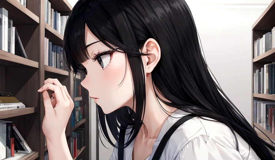 Black Hair、woman、Bookshelf、White top、Grey Skirt、profile、black eye、Sharp focus