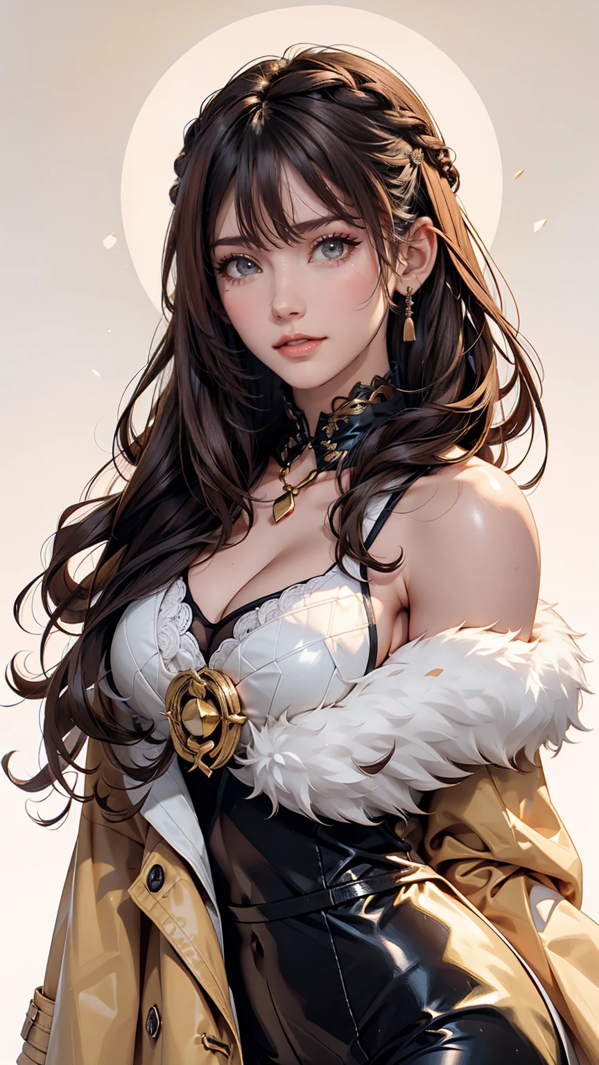 Amana Osaki, One girl, Have, gloines, Long Hair, 一人in, White Background, fur Have, smile, Brown Hair, looking at iniewer, Yellow Eyes, Simple Background, Fur trim, Open your mouth, coat, blush, Winter clothes, Braiding, white coat, in, long sleeines, bangs, swept bangs, teeth、24-year-old woman、Sexy proportions、Long eyelashes、eye shadow、lipstick、Sexy、erotic、Narrow waist
