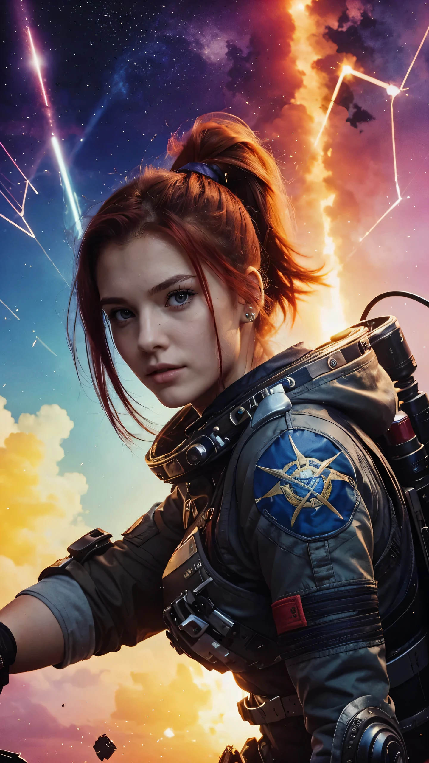 European, female, 20 years old, red hair, ponytail hairstyle, greeb eyes