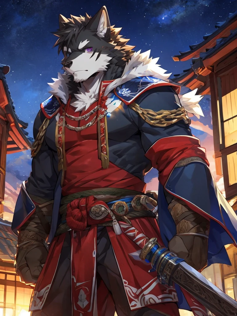 embedding:Black wolf,male, Purple eyes,Scar on the face, Single Person,black fur.Broken eyebrow,Samurai,Samurai suit,Ancient style,With a samurai sword at his waist.Handsome,Muscular,Tall,Serious,Night,Best quality hands, best quality eye,detailed fur,Delicate eyes.Extreme picture quality,by sollyz,by zixiong,by milkytiger1145