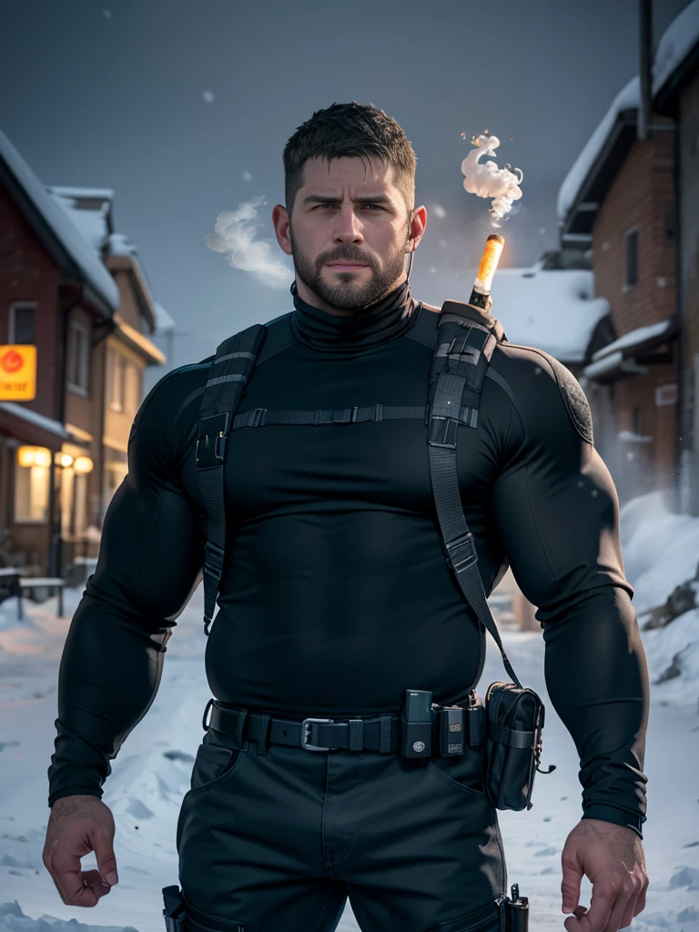 Dark gothic village in the background, old Chris Redfield from Resident Evil 8, 48 year old, muscular male, tall and hunk, biceps, abs, chest, (muscle:1.6), all black cold turtleneck shirt, long sleeves, black trousers, shoulder holster, earpiece, belt, thick beard, cold face, cigarette in mouth, smoke, video games style, high resolution:1.2, best quality, masterpiece, dark nightime, dark atmosphere, winter, snowing, shadow, upper body shot