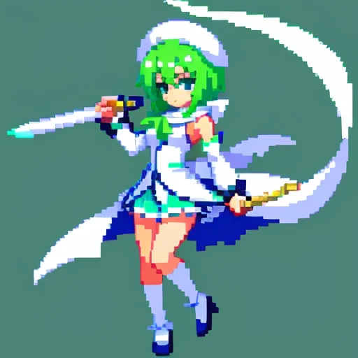 Pixel art、whole body、Left facing（important）、Small breasts、A light mint green color that is almost white, and white、Bow-legged、Hold two swords in each hand、Sword of light in right hand、Dark sword in left hand、Magical girl、beret、Short Bob Hair、A loose scarf is wrapped around the neck。hair color：Soft、Light mint green hair, almost white。Eye color：Green Eyes。Costume：白とライトグリーンを基調としたMagical girlのCostume。She is wearing a petal-like mini slit skirt.。