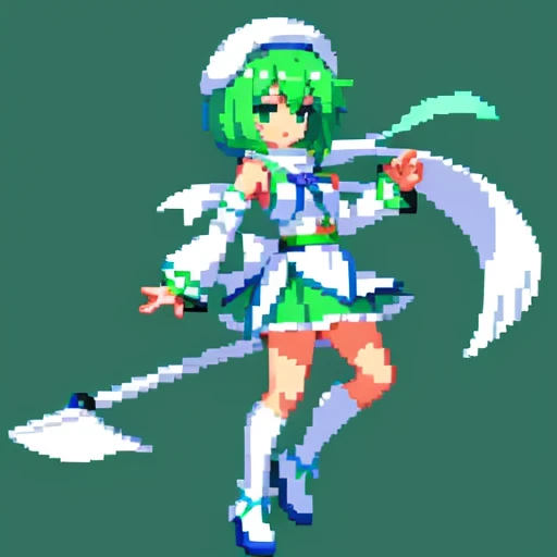 Pixel art、whole body、Left facing（important）、Small breasts、A light mint green color that is almost white, and white、Bow-legged、Hold two swords in each hand、Sword of light in right hand、Dark sword in left hand、Magical girl、beret、Short Bob Hair、A loose scarf is wrapped around the neck。hair color：Soft、Light mint green hair, almost white。Eye color：Green Eyes。Costume：白とライトグリーンを基調としたMagical girlのCostume。She is wearing a petal-like mini slit skirt.。