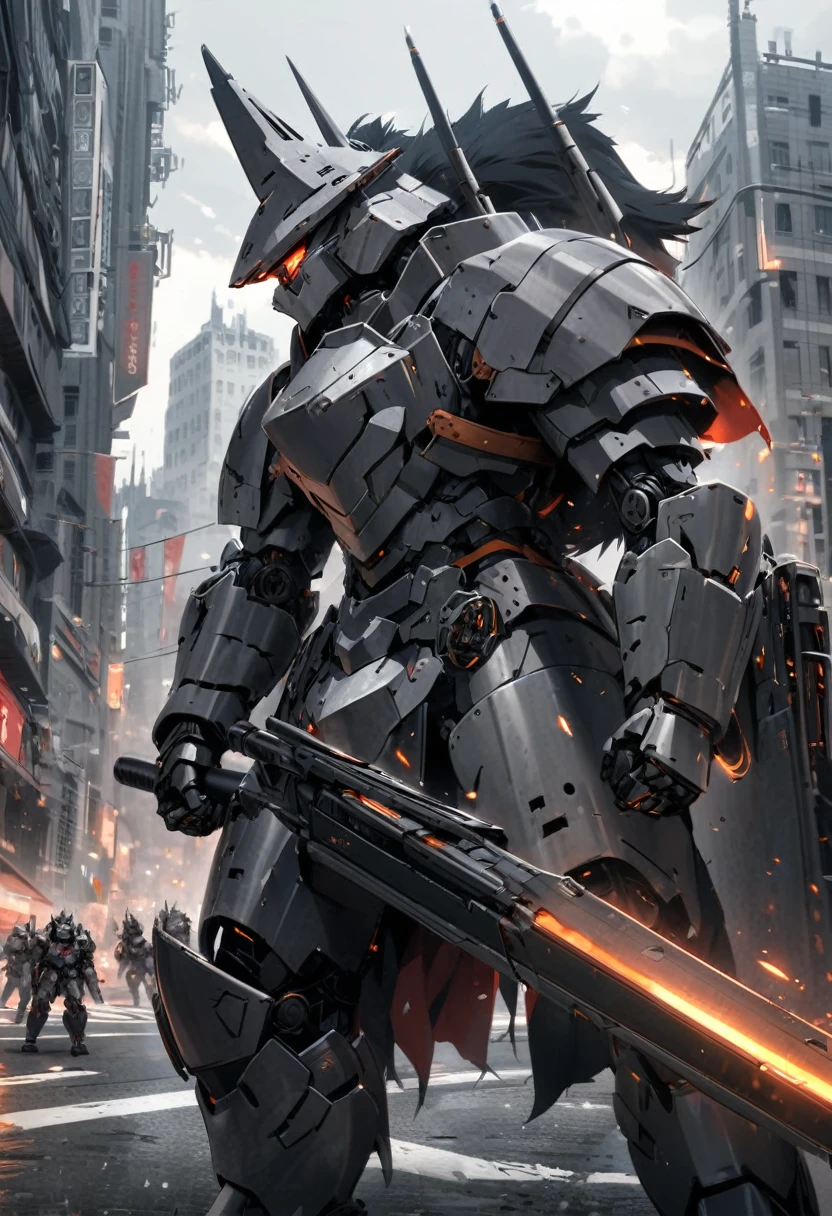 Wolf-headed robot with black and gray colors in heavy armor carrying a heavy weapon in the middle of a city