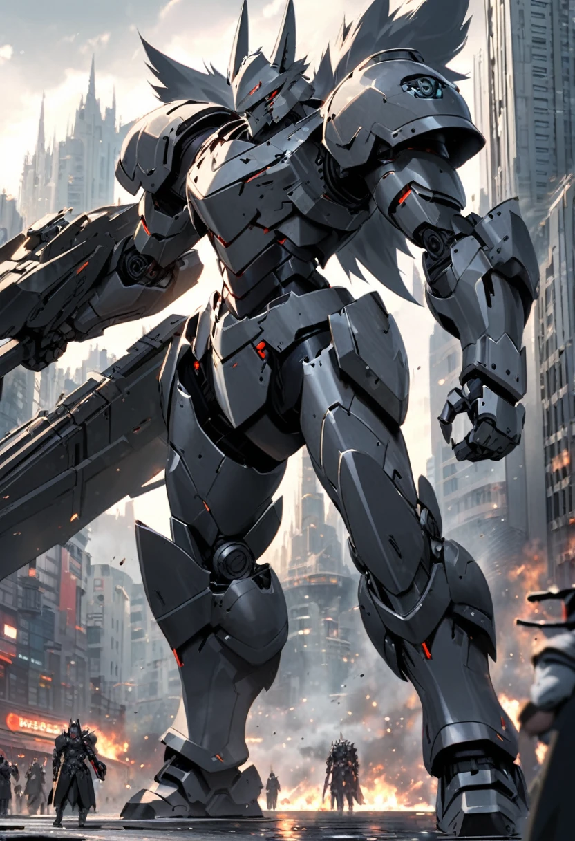 Wolf-headed robot with black and gray colors in heavy armor carrying a heavy weapon in the middle of a city