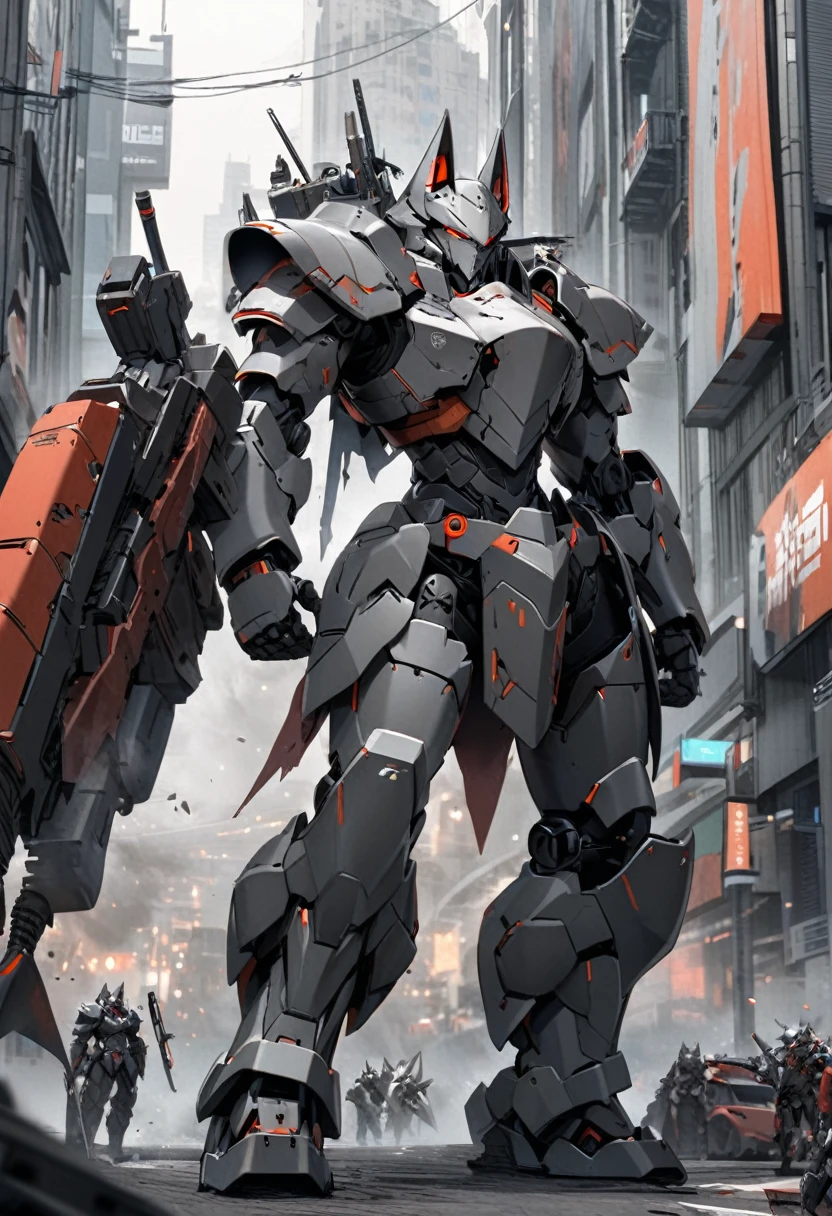 Wolf-headed robot with black and gray colors in heavy armor carrying a heavy weapon in the middle of a city