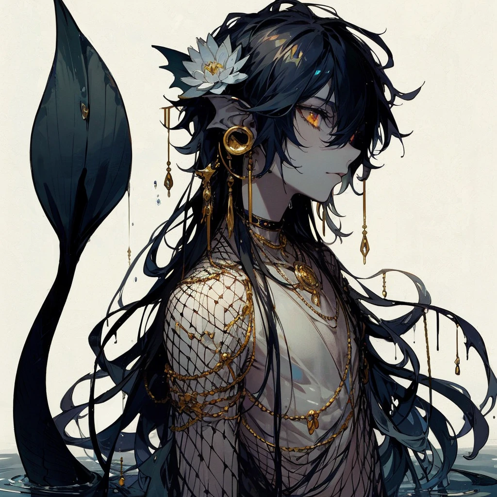 Anime, semi realistic, Male, fins for ears, golden jewelry hanging from ears, fishnet like drapery see through fabric, wet messy dark blue hair, golden slightly glowing eyes, water lily on lily pad on head, Unnaturally narrow waist, water lily in hair, big plump full lips, sickly pale, hollow cheeks, sunken eyes, very skinny, feet jewelry, black fingers long black nails, siren eyes, large black spine protruding from back, lankey limbs, long limbs, contorted body, full body