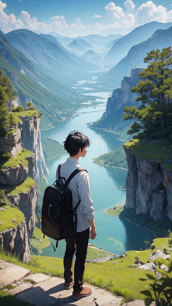 A young adult god, exploring the wonders of his own world, as he sightsees the amazing view of the land, as there was a lake, a forest, and mountains, as he has very black hair and a white skin tone, his clothes being a bit otherworldly yet normal, as he had no bag