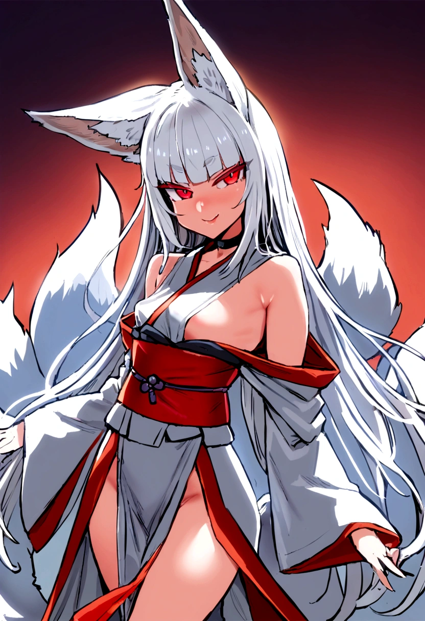 masterpiece, best quality, kitsune 1girl, solo, beautiful kitsune woman, fox ears, bangs, white hair, very long hair, red eyes, smug, small breasts, black choker, shoulderless kimono, white kimono, long kimono, long kimono sleeves, on it, red sash, 5 white fox tails, white hair, looking at viewer, body in full view.