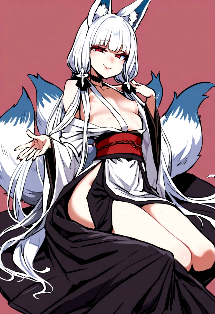 masterpiece, best quality, kitsune 1girl, solo, beautiful kitsune woman, fox ears, bangs, white hair, very long hair, red eyes, smug, small breasts, black choker, shoulderless kimono, white kimono, long kimono, long kimono sleeves, on it, red sash, 5 white fox tails, white hair, looking at viewer, body in full view.