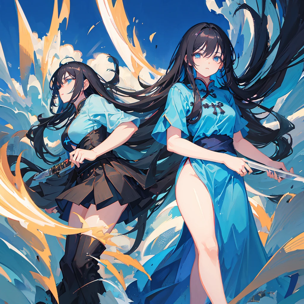 Anime girl with long black hair and a blue dress holding a sword,A Chinese woman,Black hair,((Pure blue background))