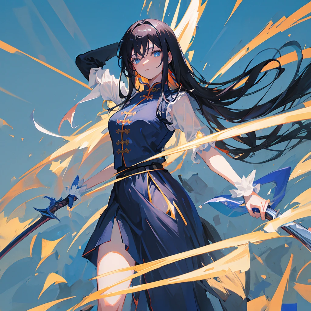 Anime girl with long black hair and a blue dress holding a sword,A Chinese woman，Black hair，((Pure blue background))