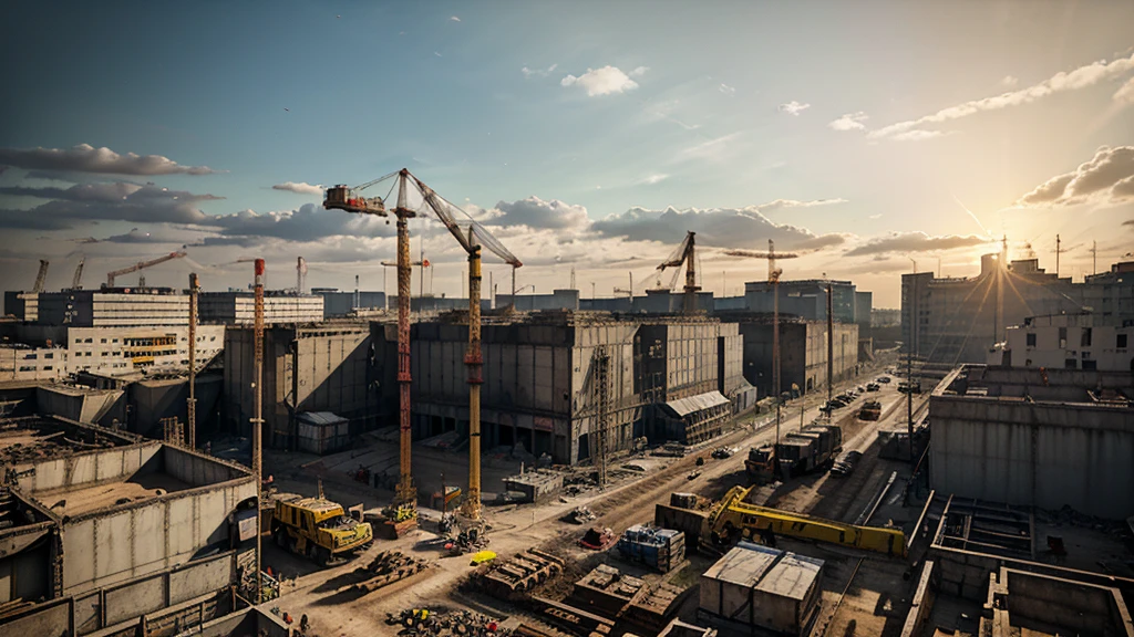 a large construction site, construction machinery, cranes, bulldozers, scaffolding, concrete mixers, workers in hard hats, safety vests, busy construction scene, industrial, gritty, dirty, grunge, detailed, 4k, high resolution, photorealistic, cinematic lighting, dramatic shadows, warm color tones