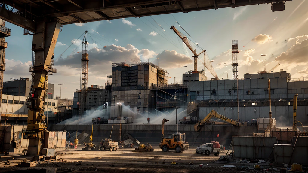 a large construction site, construction machinery, cranes, bulldozers, scaffolding, concrete mixers, workers in hard hats, safety vests, busy construction scene, industrial, gritty, dirty, grunge, detailed, 4k, high resolution, photorealistic, cinematic lighting, dramatic shadows, warm color tones