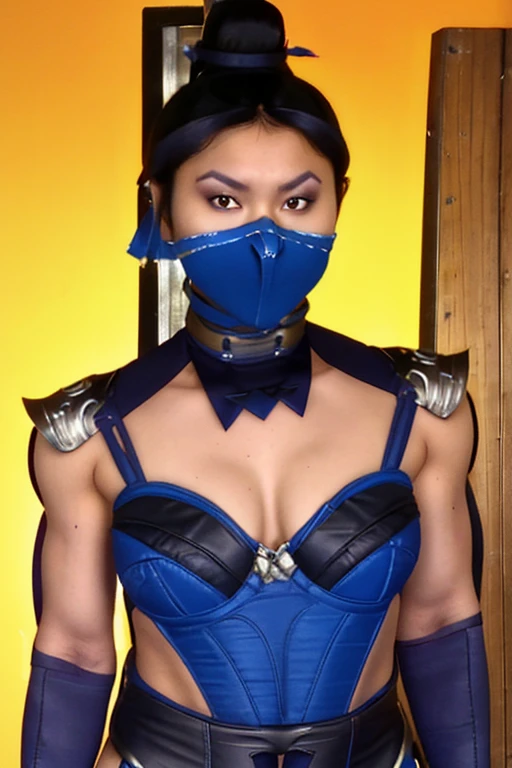 masterpiece, best quality, 1girl, kitana, mouth mask, black hair, hair bun, medium ass,small breast,yellow eyes, dark skin, shoulder armor, cleavage cutout, closeup, sketch, solo, simple background,kiss into camera,mouth mask,eyes close,hands on thigh