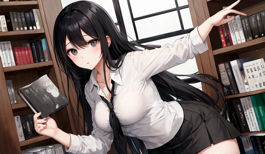 Black Hair、woman、Bookshelf、White top、Grey Skirt、black eye、Sharp focus