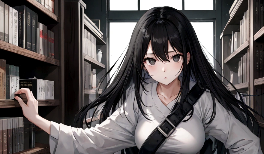 Black Hair、woman、Bookshelf、White top、Grey Skirt、black eye、Sharp focus
