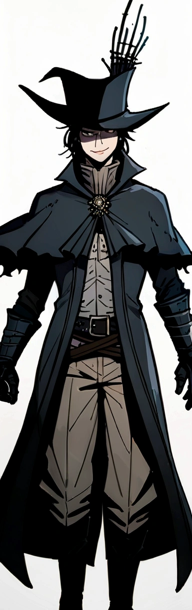 ((Masterpiece, best quality)),edgQuality,smirk,smug,posing for a picture
edgBB, solo, gloves, 1girl,  black gloves, belt, coat, torn clothes,  capelet, gauntlets,arms at sides, vambraces, black capelet, tricorn, hunter (bloodborne) ,man wearing edgBB_outfit
