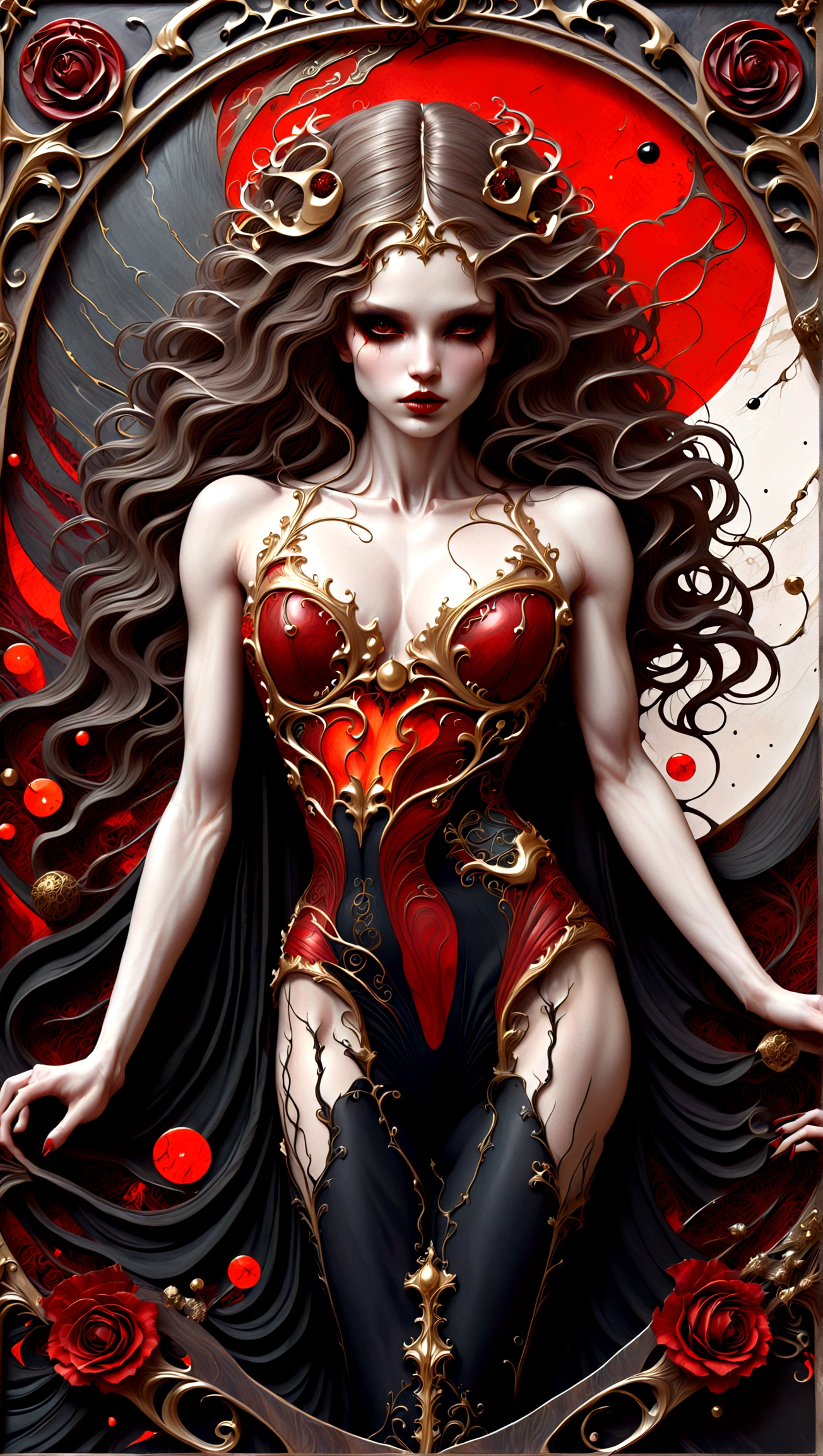 a beautiful illustration of a very muscular vampire girl in an abstract marble texture with a tarot style frame, with colors of obsidian black, shiny gold, and ruby red, highly detailed, intricate design, BY Anne Bachelier,