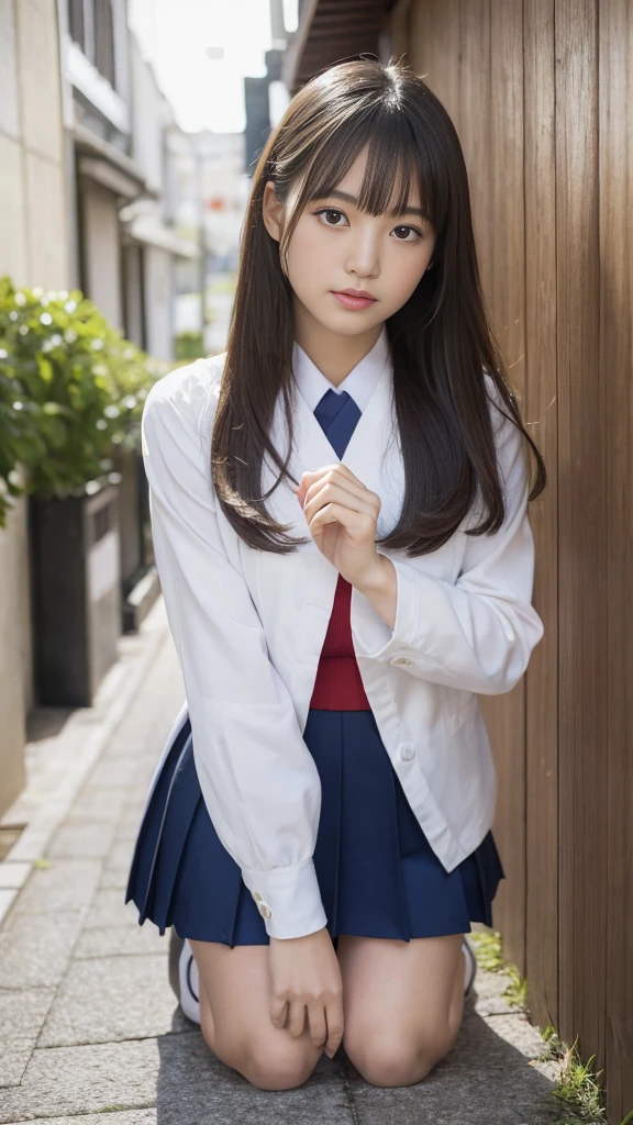(masterpiece、high resolution、high quality),(Japanese women、18-year-old、High school girls)、(Accurate anatomy,Beautiful body)、, Put your hands forward from both feet, Put both feet in the circle of hands, Quite embarrassing, Beautiful feet, Tight Skirt, 90 degree knee, Place your heels on the ground, Hands in front of feet, Hold my feet, Kneel, paved, RAW Photos, In 8K, 最high quality, Ultra-high resolution, Beautiful face details, Real human skin, Gentle expression, Front view, Angle from below, Long Hair, Realistic, Realistic, cute, Short skirt, Lurking deep in the city, cute女子高生, (Japanese Uniform, Japanese Uniformを着て), Surreal school girl, Esbian all over,