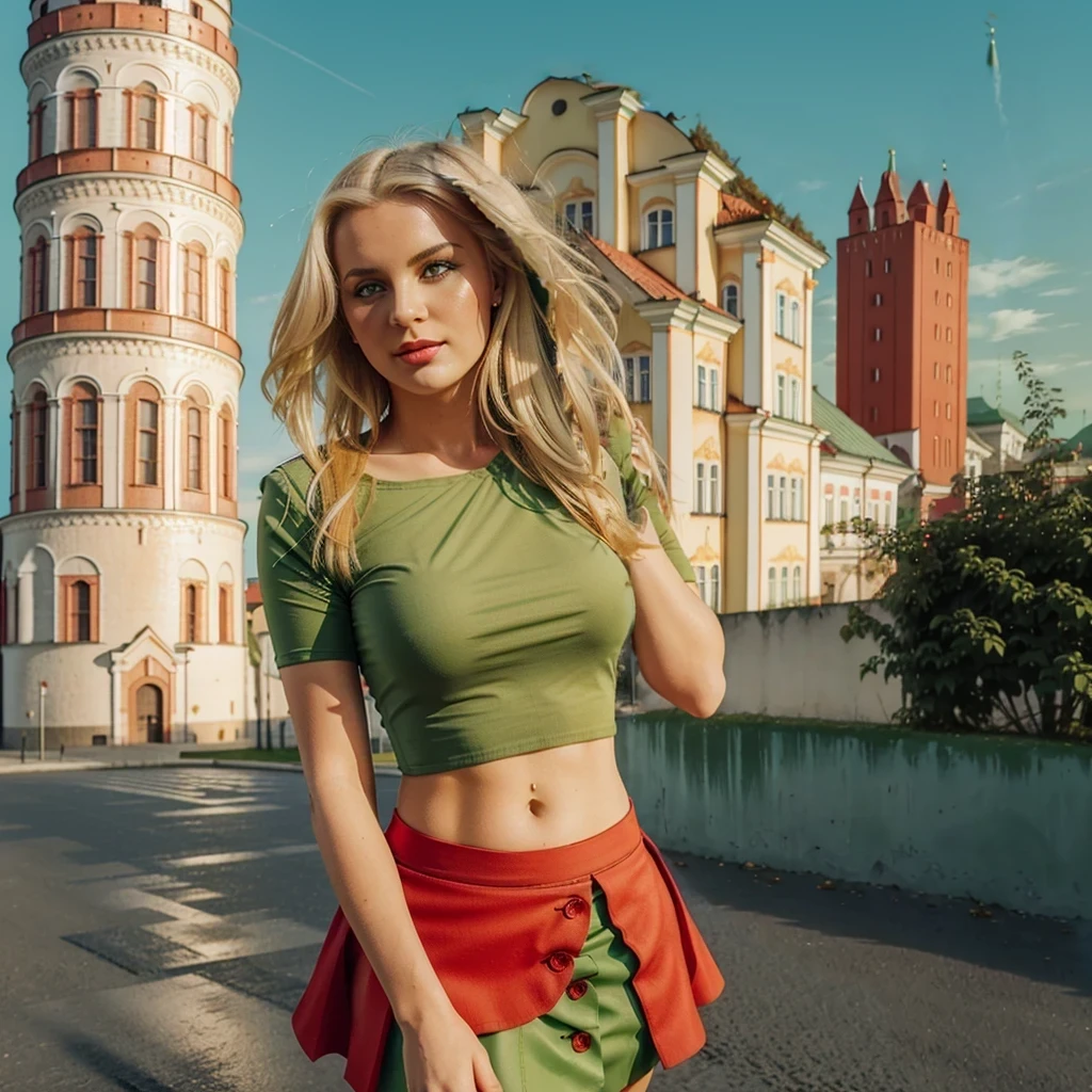 Lituania, pretty women blonde standing up, (((wear a green top)), (((wear a red skirt))), ((hills of Vilnius behind))