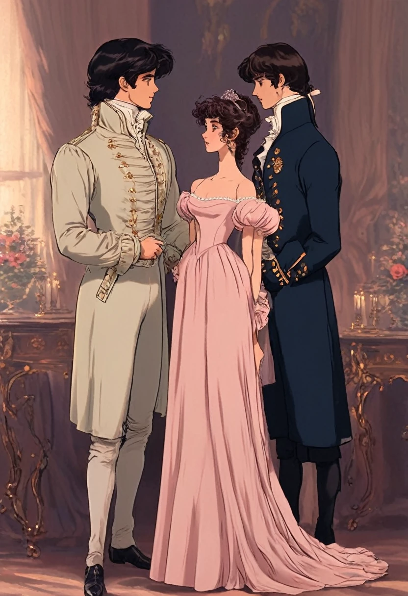 Very British English Regency 1797 to 1822 looks feels Very best quality, masterpiece , a very retro vintage kinda look feel 8K,High HD,higher rselutionHigh quality very anime semi realism Show a very English regency period young handsome looking couple male anf female show woman in noeclassical loose kinda thin kinda almost greco romanesque style dress with high waist short kind very somewhat puffed sleeves in pastel shades and colors with a very regency period looking young man dashing kinda rakish very very dark night dark hair haired even very kinda Bridgerton/Jabe Austen kinda looks feels in Regency England drawing room settings classical British look feels with female women empire high waisted detailed dresses