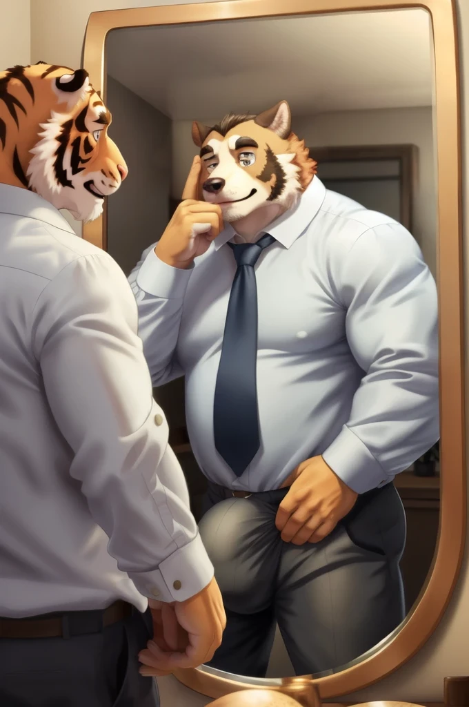 Author: bontiage, (1 boy), One, dog, big bulge crotch, boner, pants, long sleeve plain shirt, necktie, Men's Second, kemono, hot body, muscle, Beautiful, sexual, Attractive guy, (Detailed black eyes), brows, (masterpiece, A high resolution, Best quality), 4K, a male, Beautiful shadow, (red cheek:1.5), (large wall-mounted mirror), (reflection is in the mirror:1.4), (in front of mirror), (facing the mirror), (looking the mirror), (from behind:1.5)