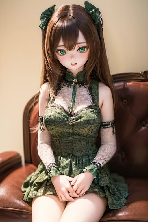 (SFW:2), photorealistic, realistic photo, ((highest quality)), ((masterpiece)), detailed, kukolnydom, doll, (mature woman, 22yo, 22 years old:1.6), solo, ((cowboy shot, sitting on sofa, reclining on sofa, arms on sides, parted lips)), (green eyes, brown hair, looking down, blank eyes, empty eyes, detailed eyes:1.3), dress, museum, 8k